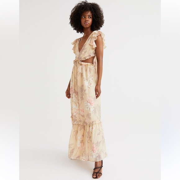 H&M Cut Out V-Neck Frill Flowy Back Tie Floral Draping Maxi Dress Size Small - Picture 1 of 13